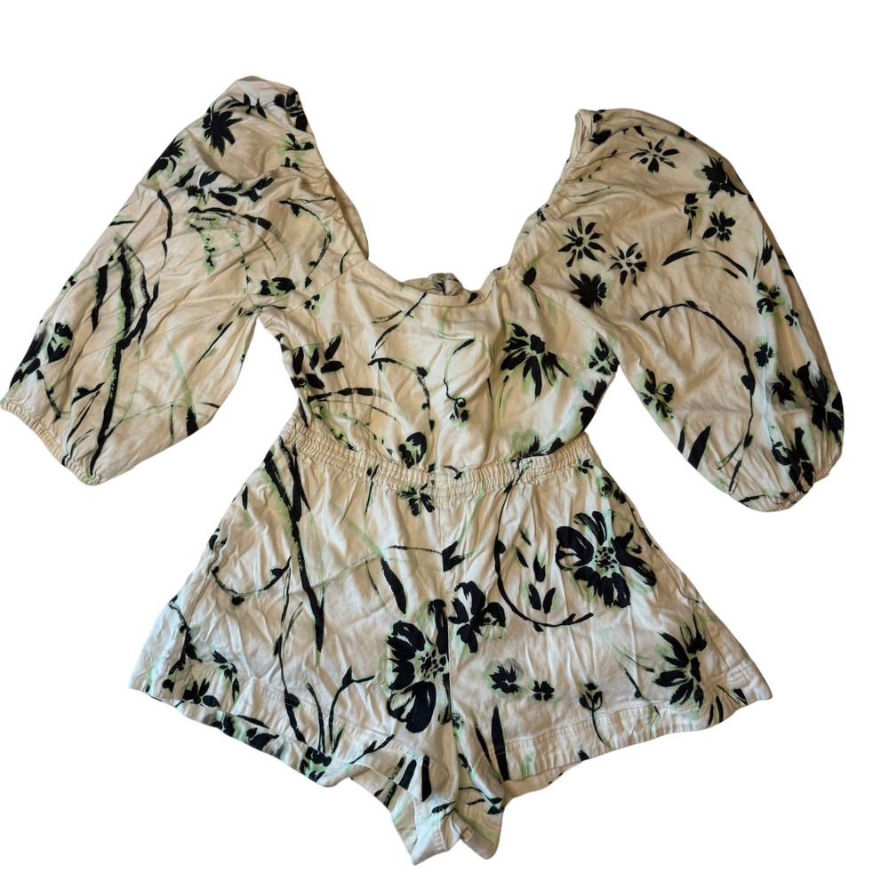 Tanya Taylor Women's Romper Size L Floral Print Open Back Puff Sleeve Linen‎